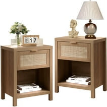 SICOTAS Rattan Nightstands Set of 2 with Drawer and Storage Bedside Table End Table Side Table Accent Table for Bedroom Living Room