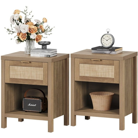 SICOTAS Rattan Night Stand with Shelf and Storage, Set of 2, Bedside Room Tables