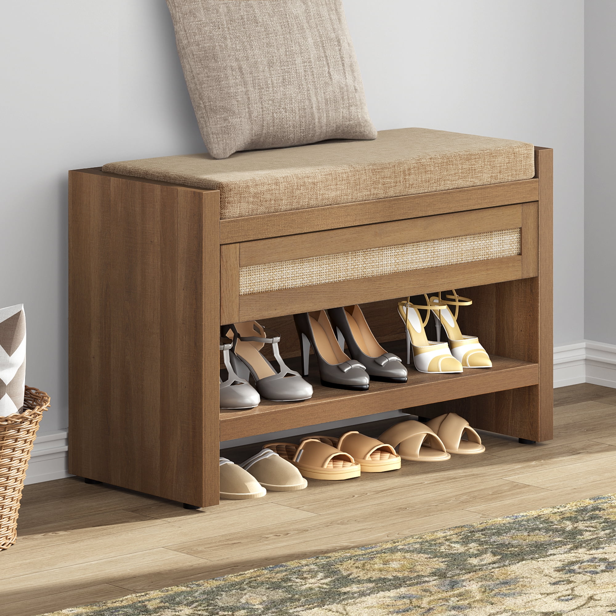 SICOTAS Rattan Shoe Storage Bench with Cushion Drawer Boho Bench 38 Lb Limit