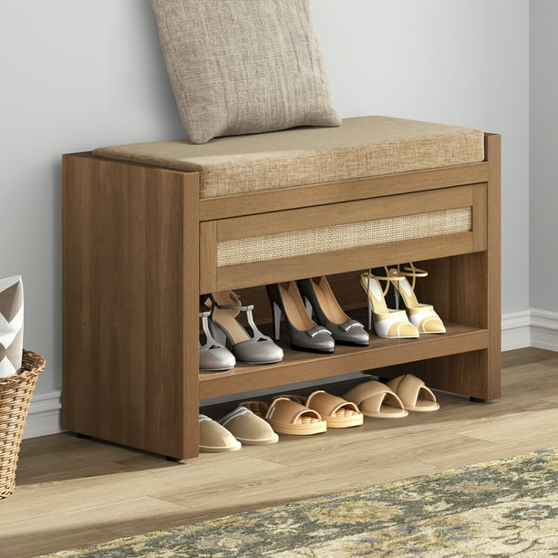 SICOTAS Rattan Shoe Storage Bench with Cushion Drawer Boho Bench 38 Lb Limit Walmart Business Supplies