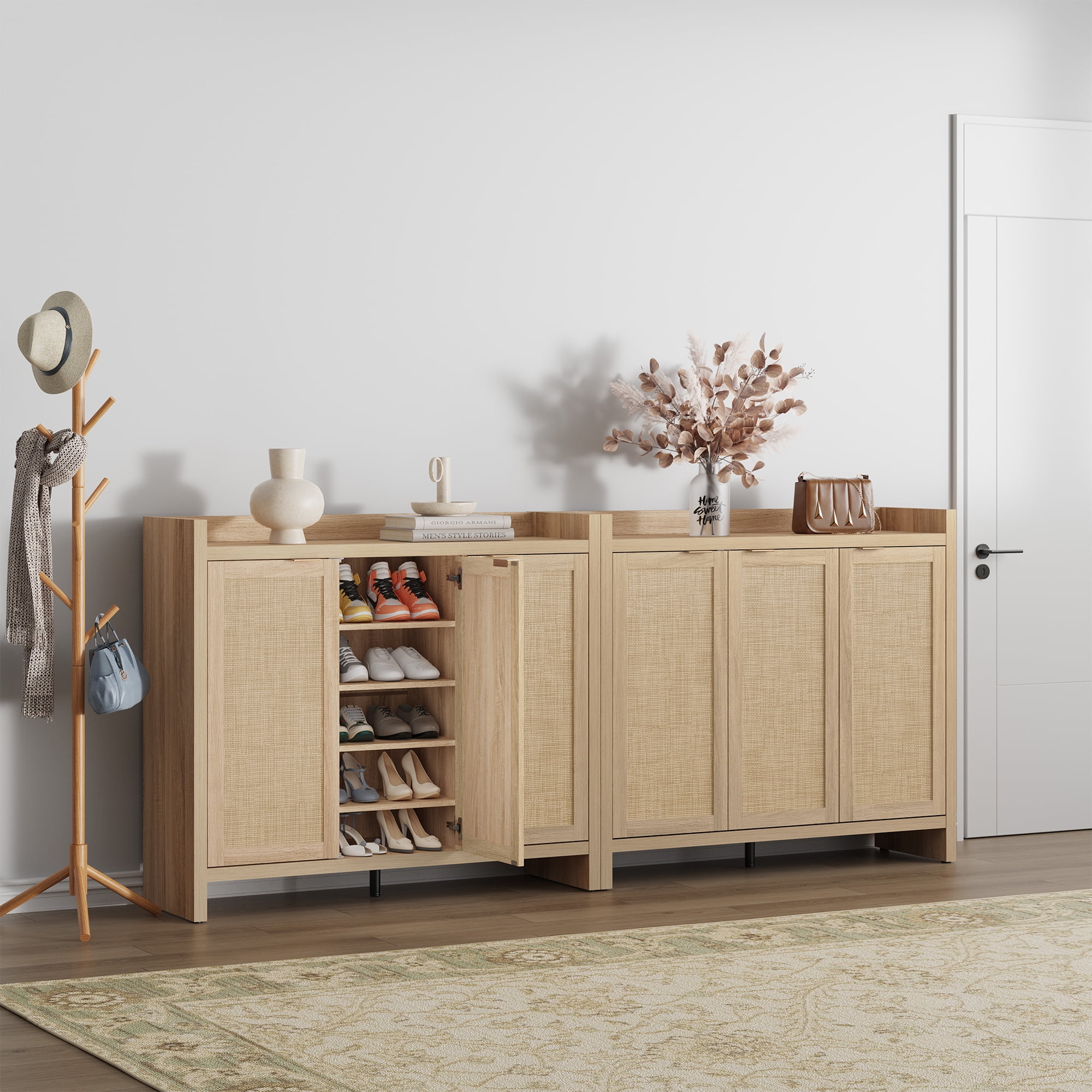 SICOTAS Rattan Shoe Cabinet with 3 Doors, 6-Tier Adjustable Shelf, 57.24" Shoe Storage Cabinet for Entryway Furniture, Light Oak 2