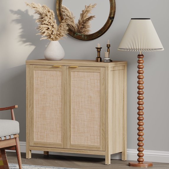 SICOTAS 34.3"W Rattan Sideboard Buffet Cabinet, Kitchen Credenzas with 2 Doors & Adjustable Shelves, Console Table with Storage Cabinets for Living Dining Room, Light Oak