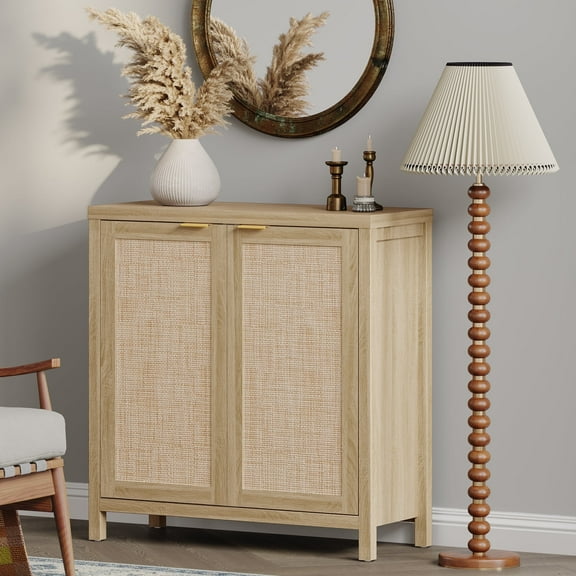 SICOTAS 34.3"W Rattan Sideboard Buffet Cabinet, Kitchen Credenzas with 2 Doors & Adjustable Shelves, Console Table with Storage Cabinets for Living Dining Room, Light Oak