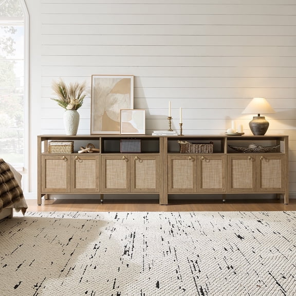 SICOTAS Boho TV Stand for TVs up to 65", Rattan 29.5" Tall Entertainment Center with Storage Cabinets & Adjustable Shelves , TV Console Table Set of 2 for Living Room, Oak