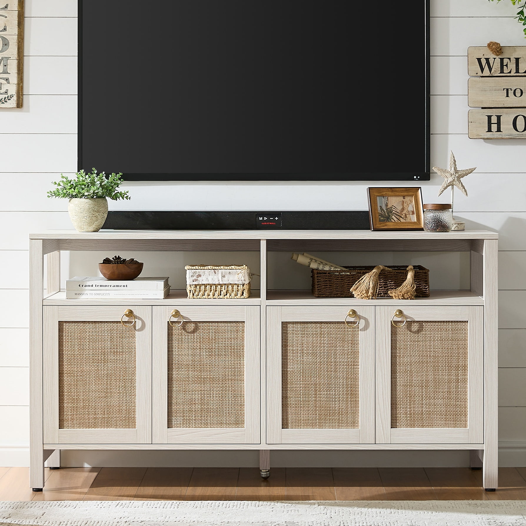 SICOTAS Boho TV Stand for TVs up to 65", Rattan 29.5" Tall Entertainment Center with Storage Cabinets & Adjustable Shelves , TV Console Table for Living Room, White Oak