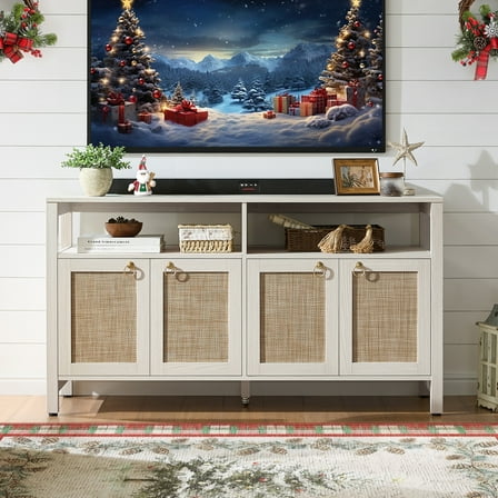 SICOTAS Boho TV Stand for TVs up to 65", Rattan 29.5" Tall Entertainment Center with Storage Cabinets & Adjustable Shelves , TV Console Table for Living Room, White Oak