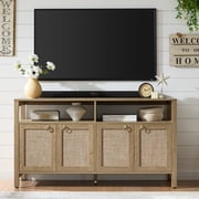 SICOTAS Boho TV Stand for TVs up to 65", Rattan 29.5" Tall Entertainment Center with Storage Cabinets & Adjustable Shelves , TV Console Table for Living Room, O