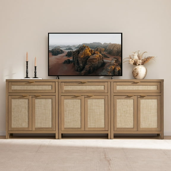 SICOTAS Rattan TV Stand for TVs up to 95", Boho TV Console Table with Drawer & Adjustable Shelves, Tall Media Console Cabinet, Coastal Entertainment Center for Living Room , Oak