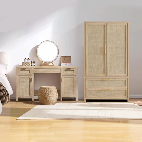 SICOTAS Boho Rattan Wardrobe Closet and Vanity Desk Set of 2 for Bedroom, 71" Tall Armoire Wardrobe with Large Drawers & Adjustable Shelves, 52" Makeup Desk with Drawers & Storage Cabinets, Light Oak