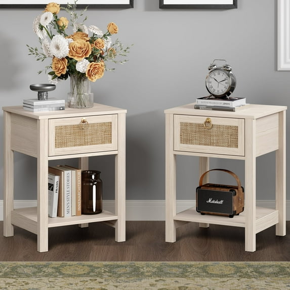 SICOTAS Rattan White Nightstands Set of 2, Modern Engineered Wood and Rattan End Tables with 1 Drawer