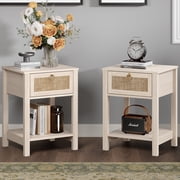 SICOTAS Rattan White Nightstands Set of 2, Modern Engineered Wood and Rattan End Tables with 1 Drawer