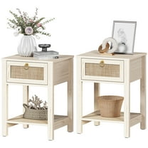 SICOTAS Rattan White Nightstands Set of 2, Modern Engineered Wood and Rattan End Tables with 1 Drawer