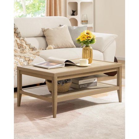 SICOTAS Rectangle Coffee Table for Living Room, Farmhouse Boho Center Table with 2-Tier Rattan Storage Shelves, Sofa Side Accent Table for Small Space, Oak