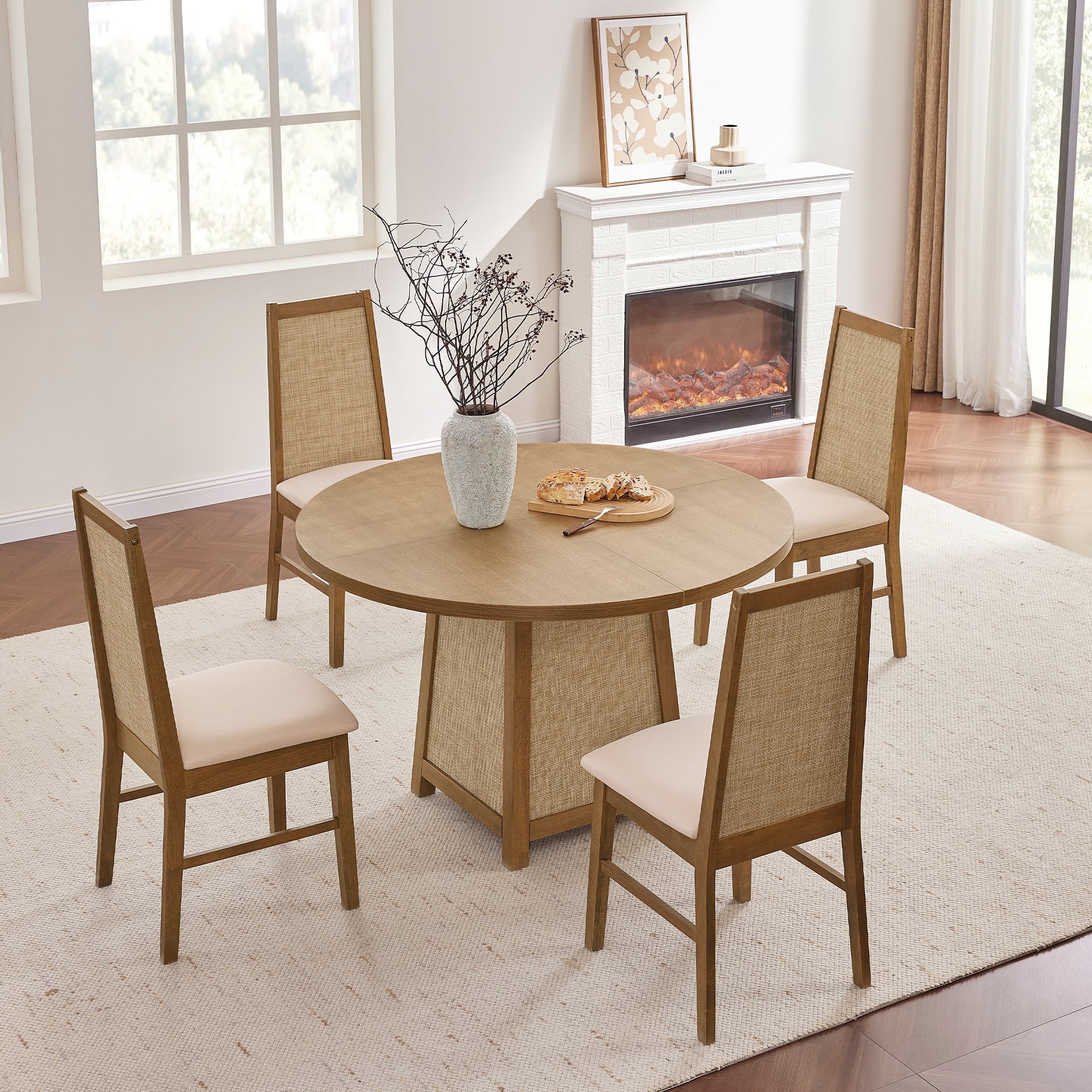 SICOTAS Solid Wood 5-Piece Small Round Dining Table Set for 4, Mid-Century Modern Natural Rattan 47" Kitchen Table with 4 Upholstered Dining Chairs for Kitchen, Dining Room, or Living Room