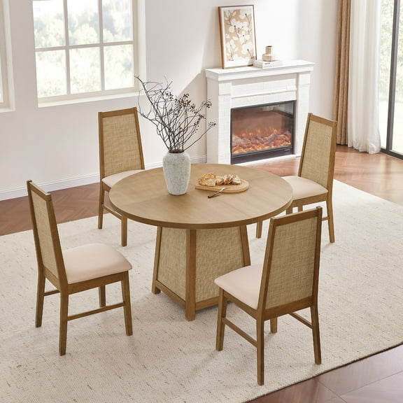 SICOTAS Solid Wood 5-Piece Small Round Dining Table Set for 4, Mid-Century Modern Natural Rattan 47" Kitchen Table with 4 Upholstered Dining Chairs for Kitchen, Dining Room, or Living Room