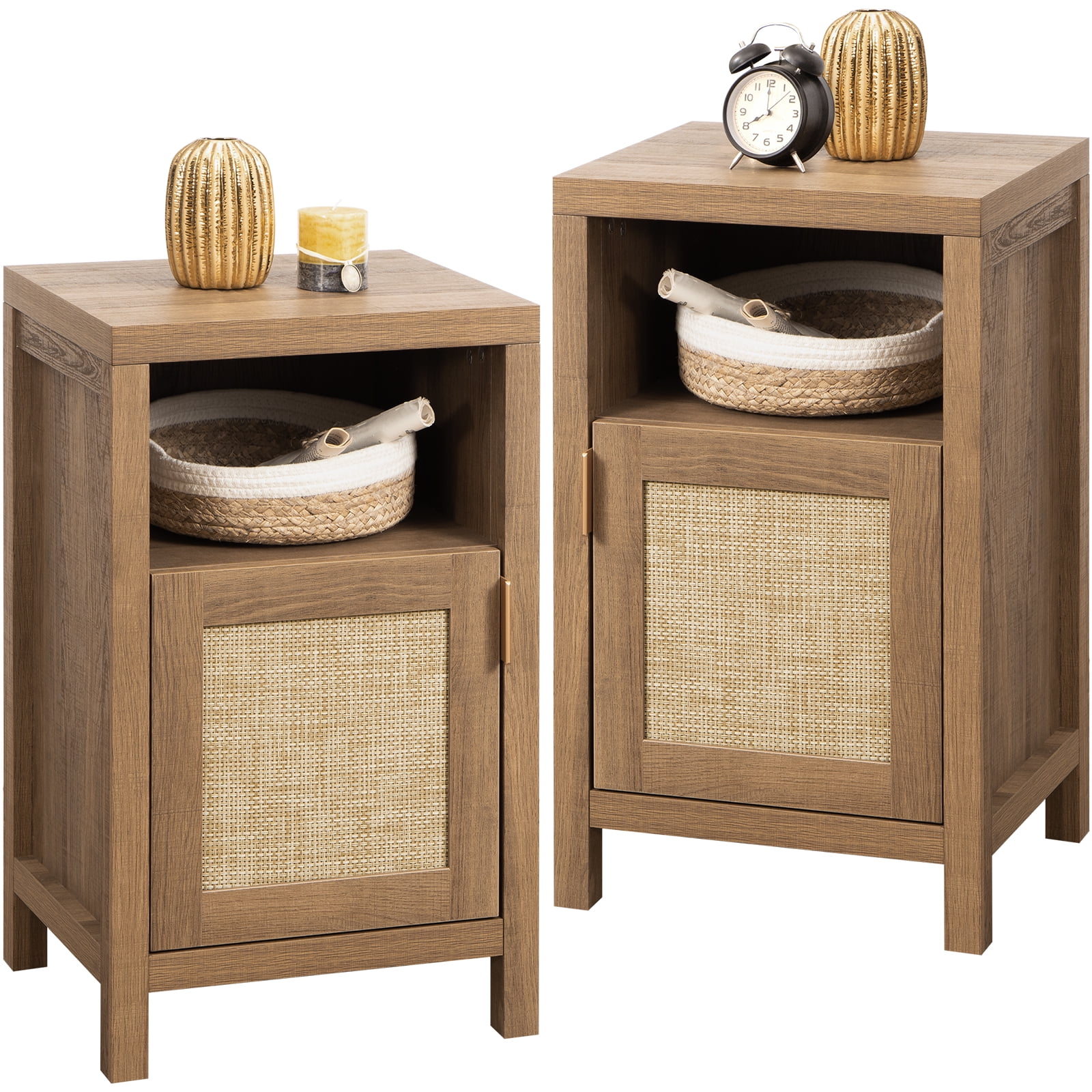 SICOTAS Set of 2 Nightstand with Storage Rattan Tall Night