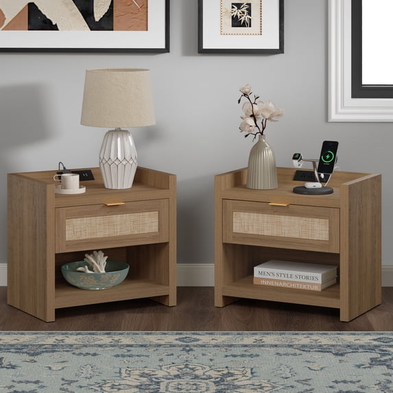 SICOTAS Nightstand Set of 2 with Charging Station, Farmhouse Bedside Tables with Rattan Drawer, Natural Oak
