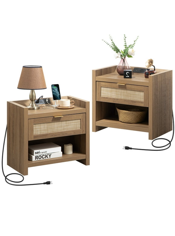 SICOTAS Set of 2 Nightstands with Charging Station, Boho Bedside Table with Rattan Drawer, End Table for Living Room, Bedroom, Home
