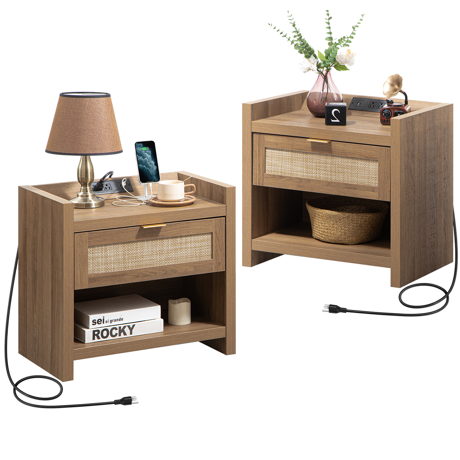 CREATIVELAND Nightstand with 1 Rattan Drawer Boho End Table Bedside