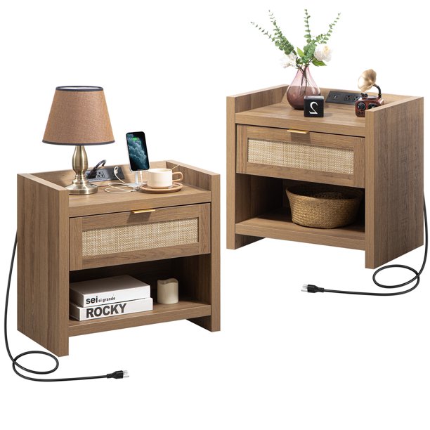 SICOTAS Set of 2 Nightstands with Charging Station USB Port, Boho