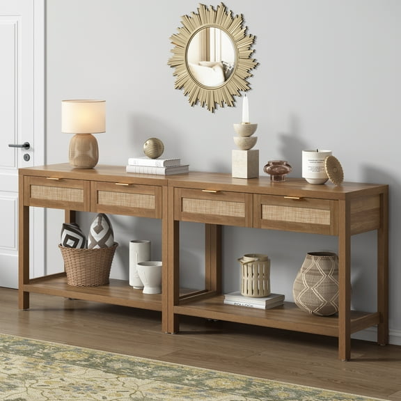 SICOTAS 39.4 Inch Wide Rattan Console Table Set of 2 with 2 Drawers & Shelf, Boho Entryway table with Large Storage Capacity for Entrance Way, Hallway, Living Room - Natural Oak