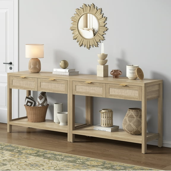 SICOTAS 39.4 Inch Wide Rattan Console Table Set of 2 with 2 Drawers & Shelf, Boho Entryway table with Large Storage Capacity for Entrance Way, Hallway, Living Room - Light Oak