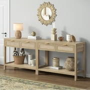 SICOTAS 39.4 Inch Wide Rattan Console Table Set of 2 with 2 Drawers & Shelf, Boho Entryway table with Large Storage Capacity for Entrance Way, Hallway, Living Room - Light Oak
