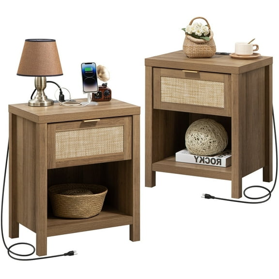 SICOTAS Set of 2 Rattan Nightstands with Charging Station, Farmhouse Beside Tables with Drawer&Shelf for Bedroom,Natural Oak