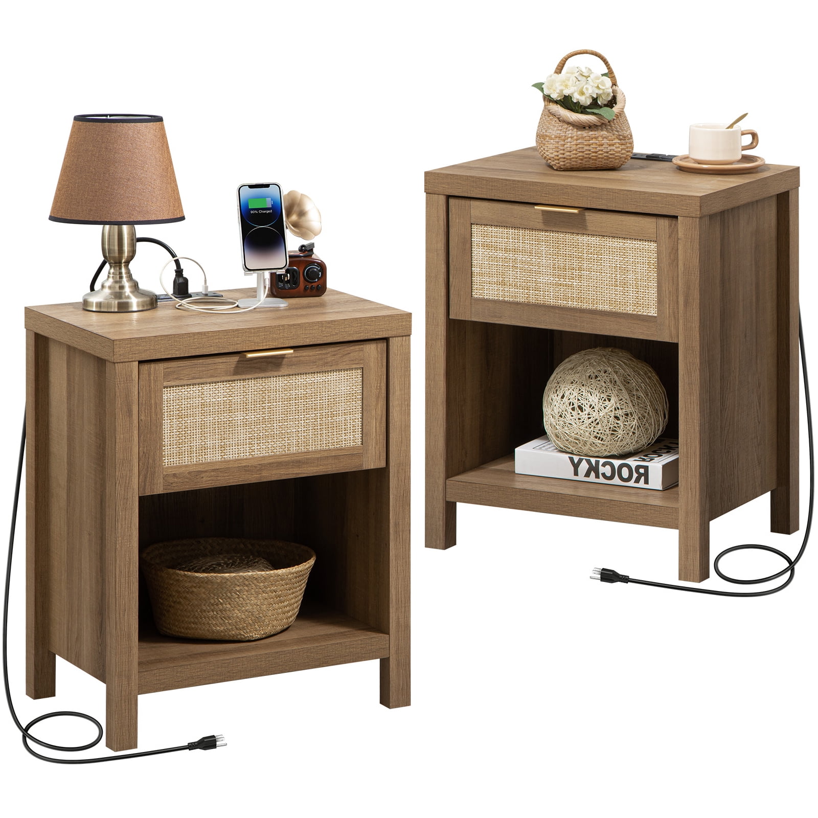 SICOTAS Set of 2 Rattan Nightstands with Charging Station & USB Port