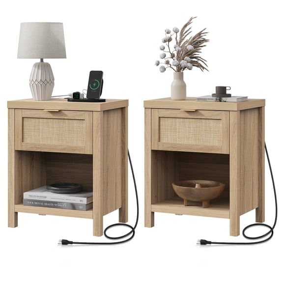SICOTAS Rattan Nightstands Set of 2 with Charging Station, Farmhouse Beside Tables with Drawer&Shelf for Bedroom,Light Oak