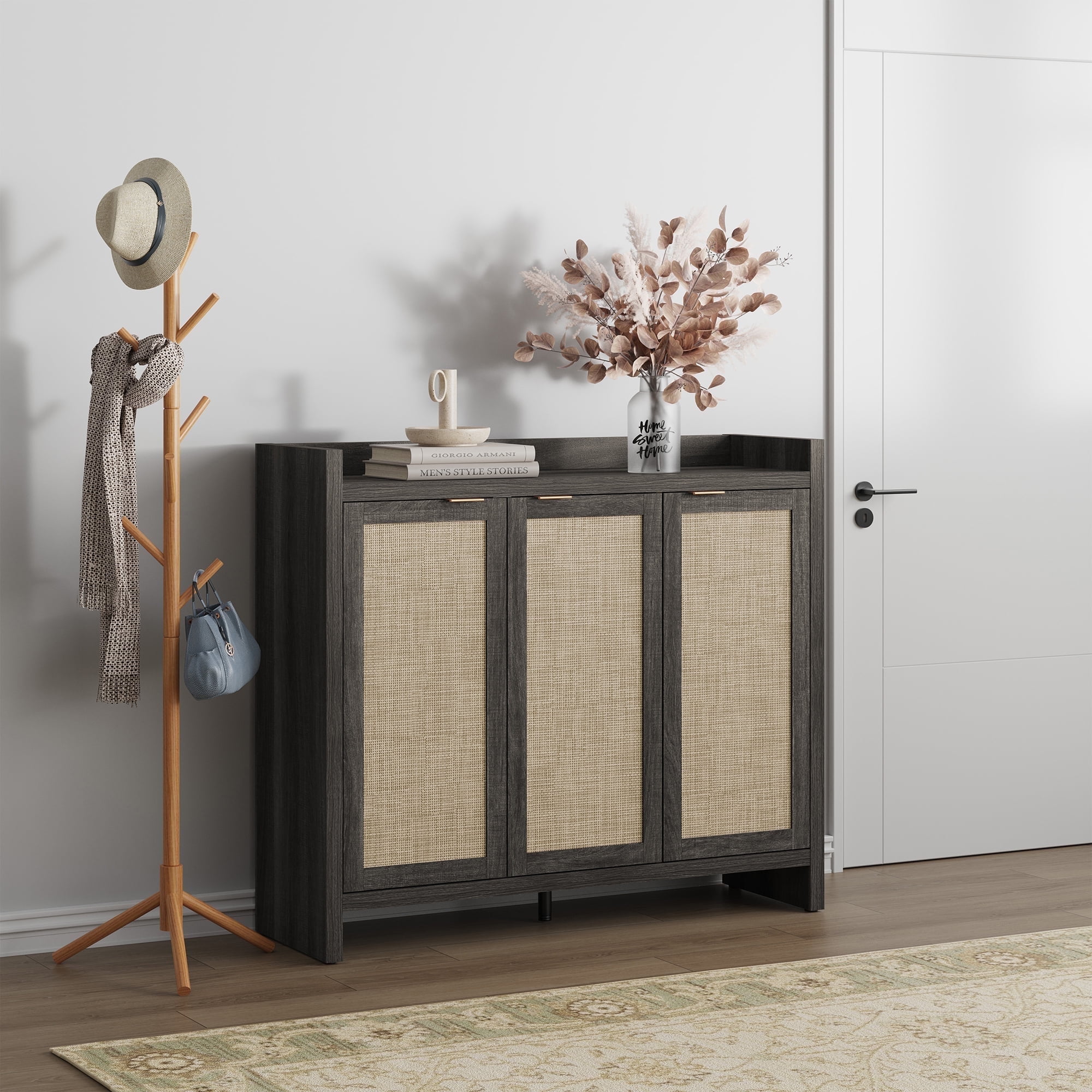 SICOTAS 7 Tier Shoe Storage Cabinet for Entryway, 30 Pairs Rattan Shoe Rack Cabinet with Doors & Adjustable Shelves, Boho Shoe Organizer Cabinet for Hallway, Black Oak