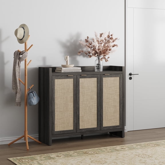 SICOTAS 7 Tier Shoe Storage Cabinet for Entryway, 30 Pairs Rattan Shoe Rack Cabinet with Doors & Adjustable Shelves, Boho Shoe Organizer Cabinet for Hallway, Black Oak