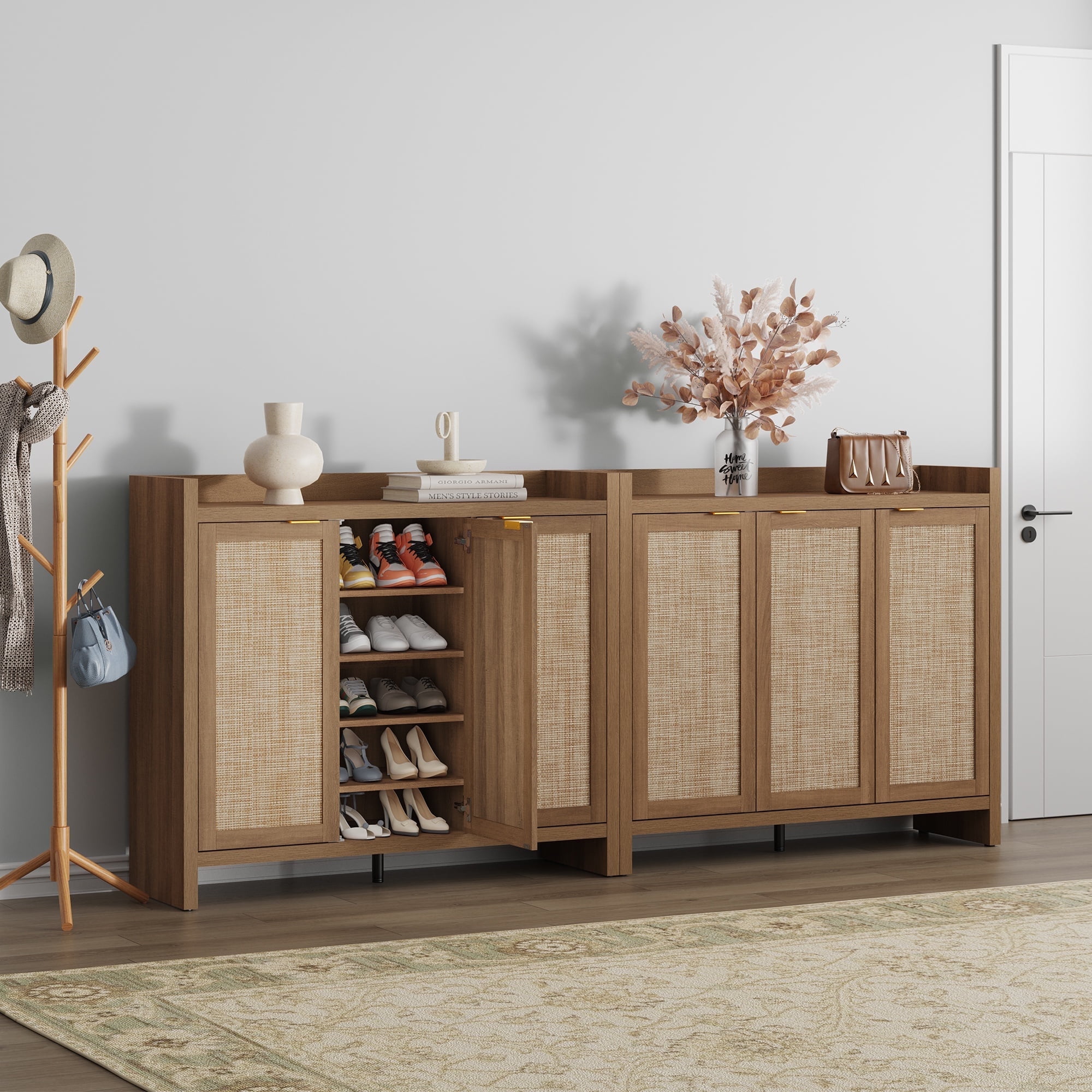 SICOTAS Shoe Storage Cabinet with 3 Doors & Shelves, 6-Tier Shoe Storage Organizer, Farmhouse Boho Engineered Wooden Shoe Rack Cabinet for Entryway Hallway Closet, Oak