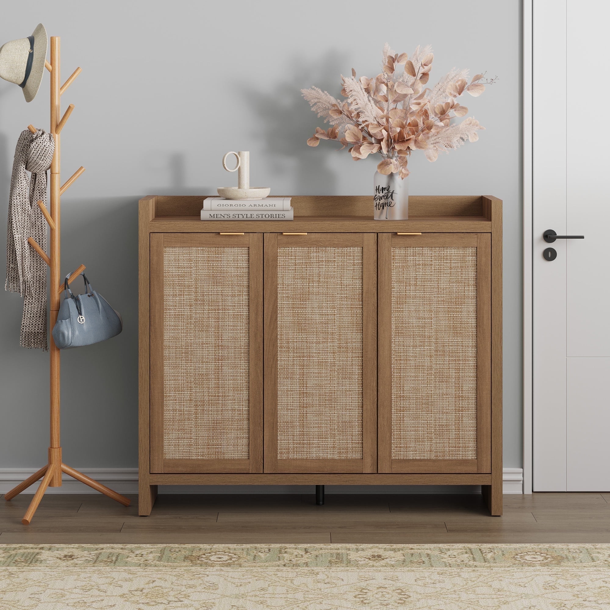 SICOTAS 7 Tier Shoe Storage Cabinet for Entryway, 30 Pairs Rattan Shoe Rack Cabinet with Doors & Adjustable Shelves, Freestanding Boho Shoe Organizer Cabinet for Hallway, Oak