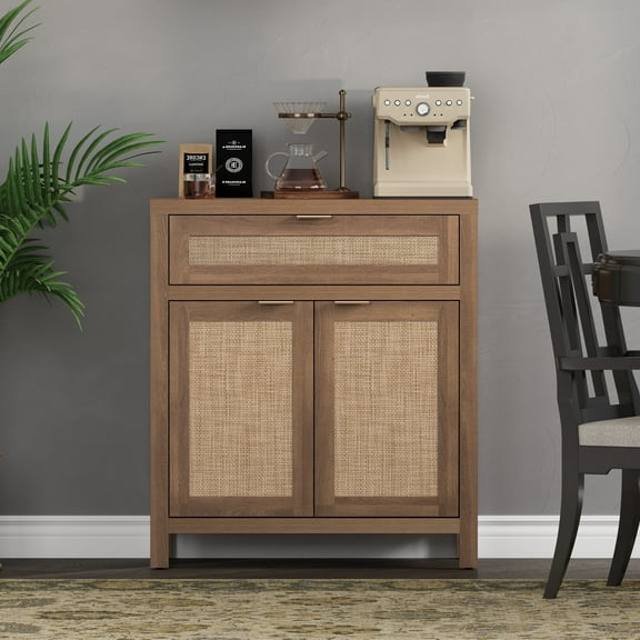 SICOTAS 30" Sideboards Buffets Cabinets with Drawer, Boho Rattan Kitchen Storage Cabinets with Adjustable Shelves, Coffee Bar Station in Oak