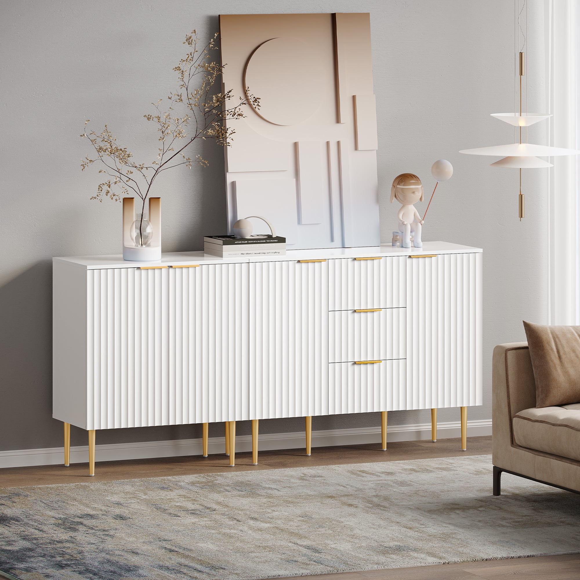 White Fluted Storage Cabinet with Gold Legs and Adjustable Shelves