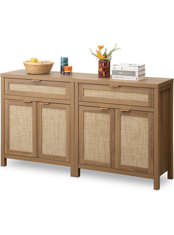 SICOTAS Sideboard Buffet Cabinet Set of 2, Modern Rattan Storage Cabinet with Doors, Accent Table Console Cabinet with Drawer for Kitchen Living Room, Oak