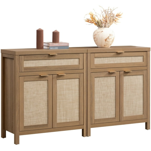 SICOTAS 30" Sideboards Buffets Cabinets with Drawer Set of 2, Boho Rattan Kitchen Storage Cabinets with Adjustable Shelves, Coffee Bar Station in Oak