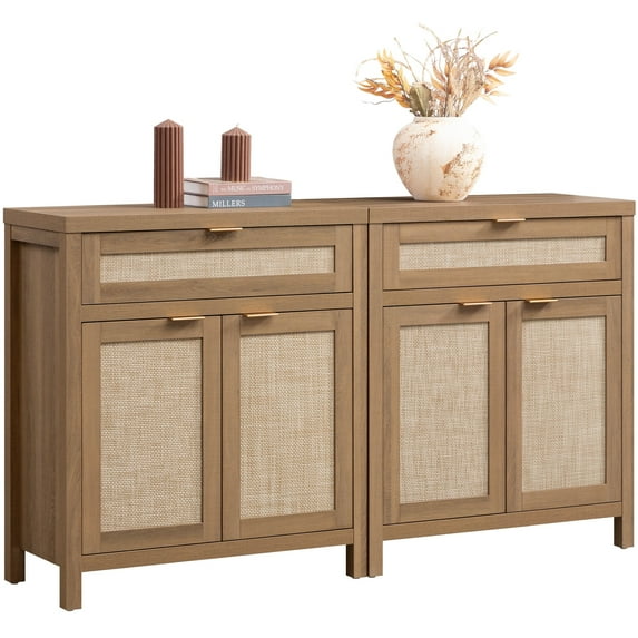 SICOTAS 30" Sideboards Buffets Cabinets with Drawer Set of 2, Boho Rattan Kitchen Storage Cabinets with Adjustable Shelves, Coffee Bar Station in Oak