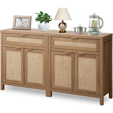 SICOTAS Sideboard Buffet Cabinet Set of 2, Modern Rattan Storage Cabinet with Doors, Accent Table Console