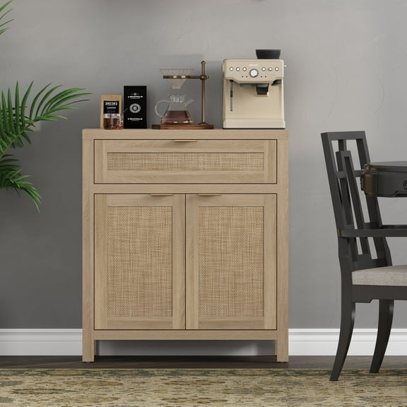 SICOTAS 30" Sideboards Buffets Cabinets with Drawer, Boho Rattan Kitchen Storage Cabinets with Adjustable Shelves, Coffee Bar Station in Light Oak
