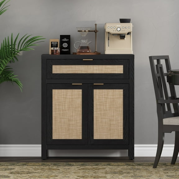 SICOTAS 30" Sideboards Buffets Cabinets with Drawer, Boho Rattan Kitchen Storage Cabinets with Adjustable Shelves, Coffee Bar Station in Black