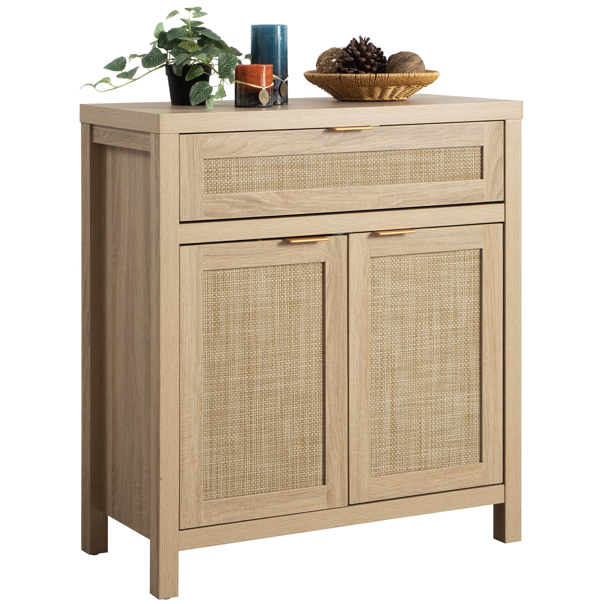SICOTAS Sideboard Storage with Drawer Set of 2, Boho Rattan Kitchen Buffet with