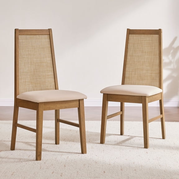 SICOTAS Mid Century Modern Solid Wood Dining Chairs Set of 2, Farmhouse Upholstered Kitchen Chairs with Natural Rattan Backrest & Removable High-resilience Cushion for Dining Room, Living Room