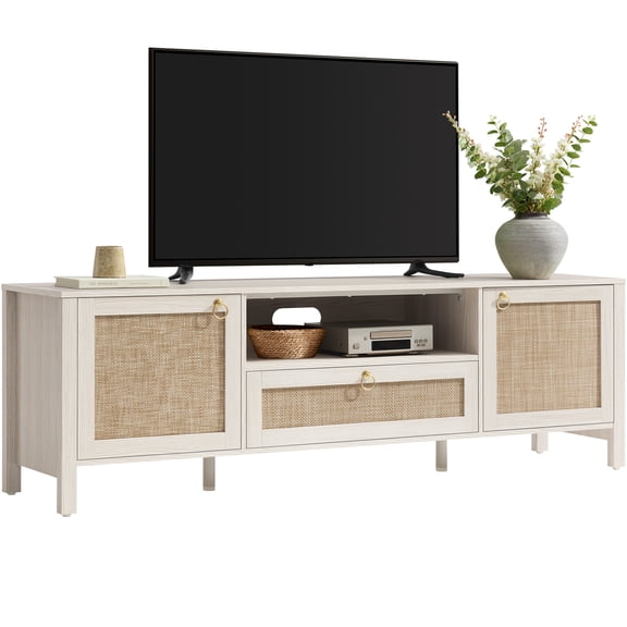 SICOTAS TV Stand for TVs up to 75", 68.9" Extra-Wide Entertainment Center, Boho Farmhouse Media Console with Adjustable Storage & Cable Management for Living Room Media Room, Cream White