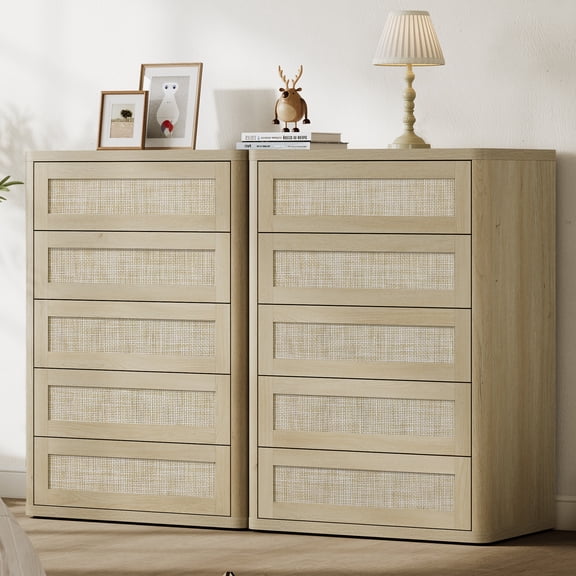 SICOTAS 5-Drawer Rattan Dresser Set of 2, 40.5" Tall Boho Chest of Drawer with Slide Rails, Curved Edge Wood Dresser, Modular Storage Cabinet for Bedroom/Living Room/Hallway, Light Oak