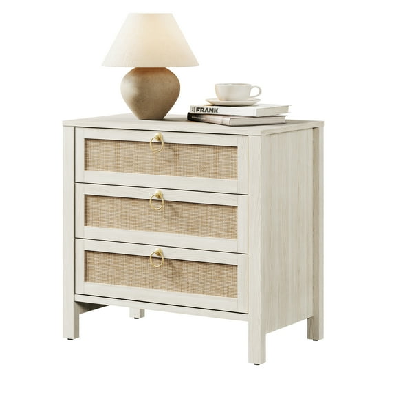 SICOTAS 26.78"W White Nightstand 3 Drawer Dresser, Boho Night Stands Large Nightstand with 3 Drawers and Golden handle, Rattan Bed Side Table 25.67" Tall End Table for Bedroom Enterway Living Room