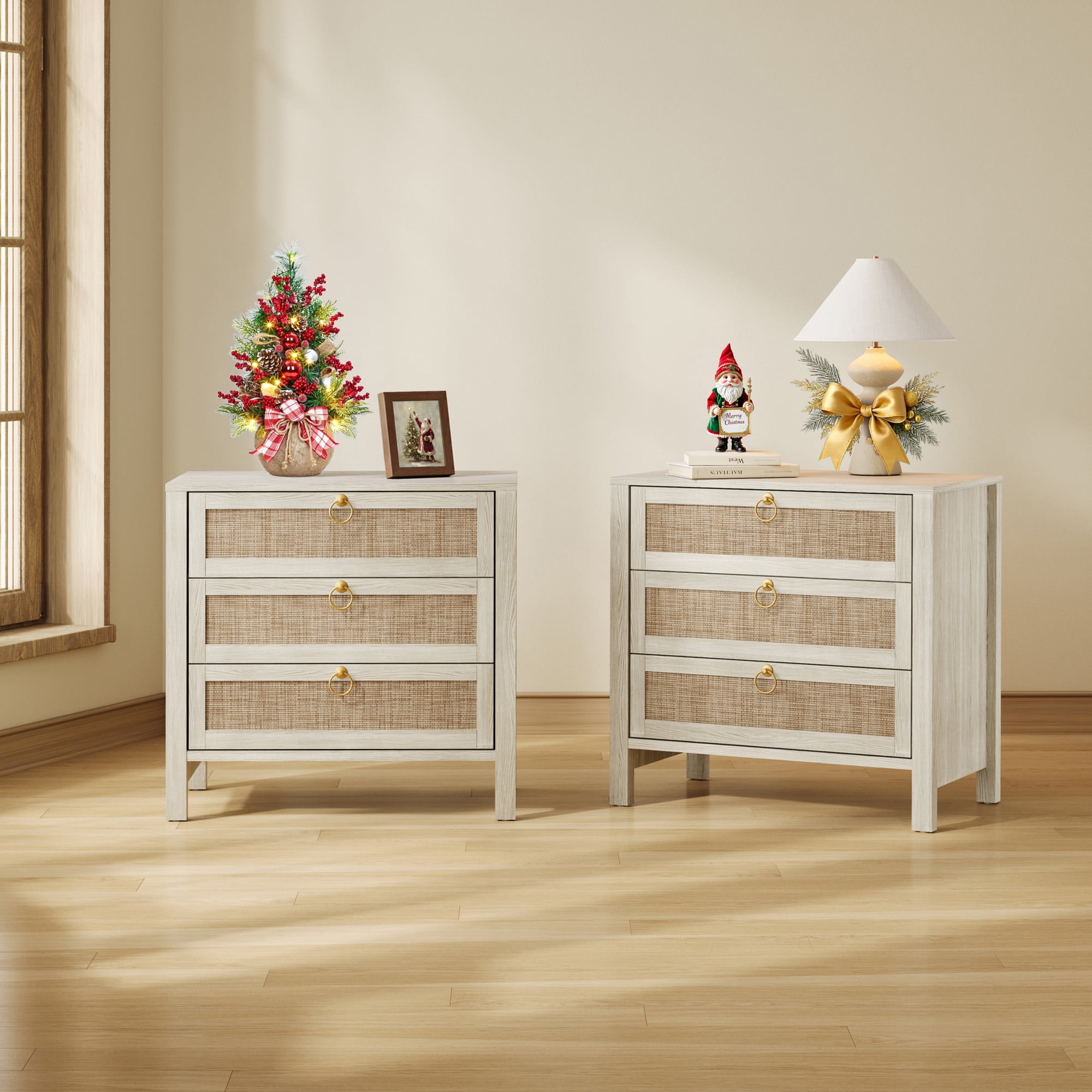 Walmart discount codes: SICOTAS 26.78"W White Nightstand 3 Drawer Dresser Set of 2, Boho Night Stands Large Nightstand with 3 Drawers, Rattan Beside Table 25.67" Tall End Table for Bedroom Enterway Living Room