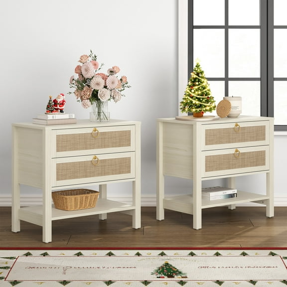 SICOTAS Cream White Rattan Nightstands Set of 2 with 2 Large Drawers, Boho Night Stand End Table  with 2 Large Drawers  Coastal Furniture Set for Bedroom