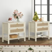 SICOTAS Cream White Rattan Nightstands Set of 2 with 2 Large Drawers, Boho Night Stand End Table with 2 Large Drawers Coastal Furniture Set for Bedroom